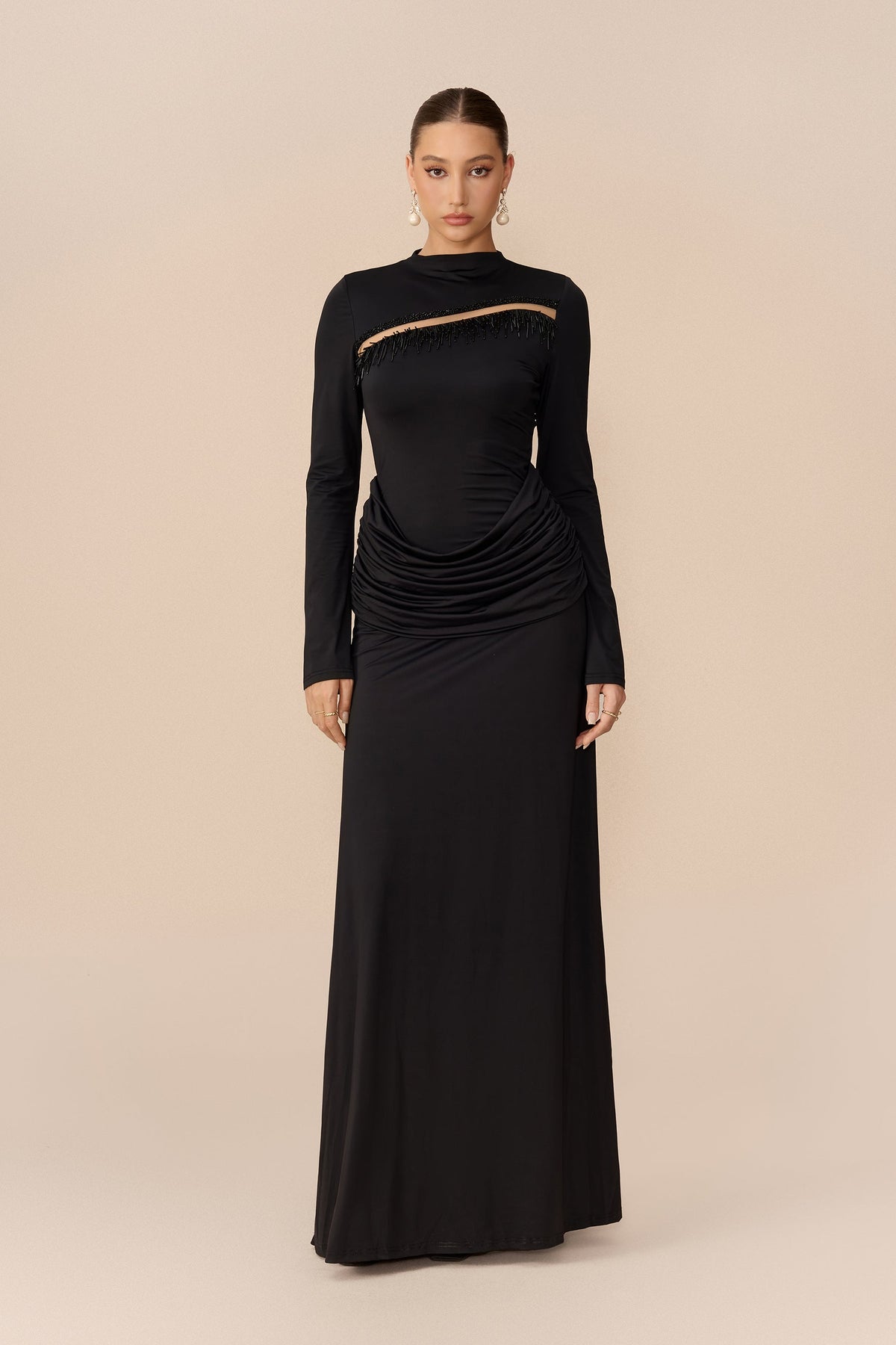 Black Beaded Fringe Mesh Cutout High-Neck Long-Sleeve Maxi Dress