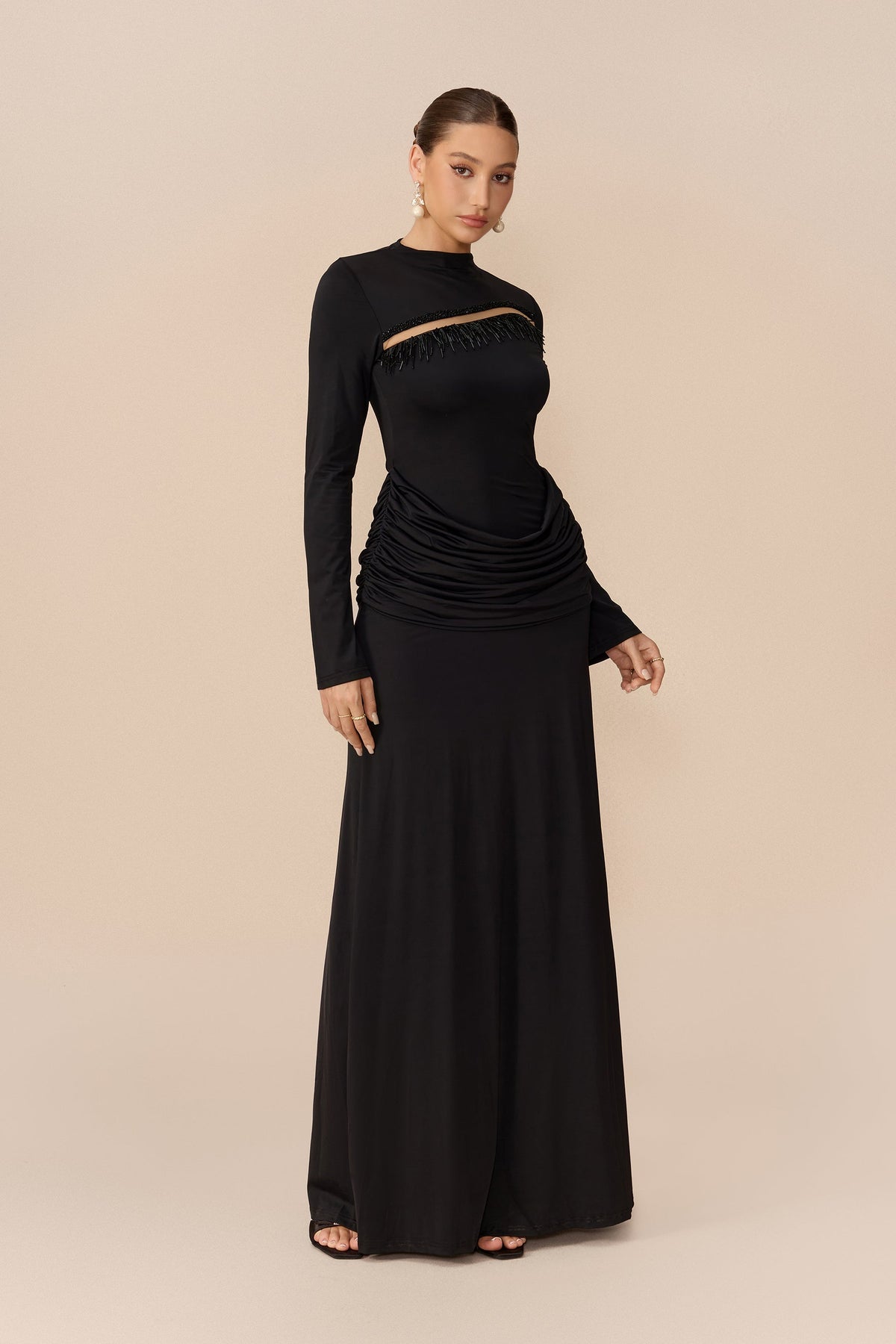 Black Beaded Fringe Mesh Cutout High-Neck Long-Sleeve Maxi Dress