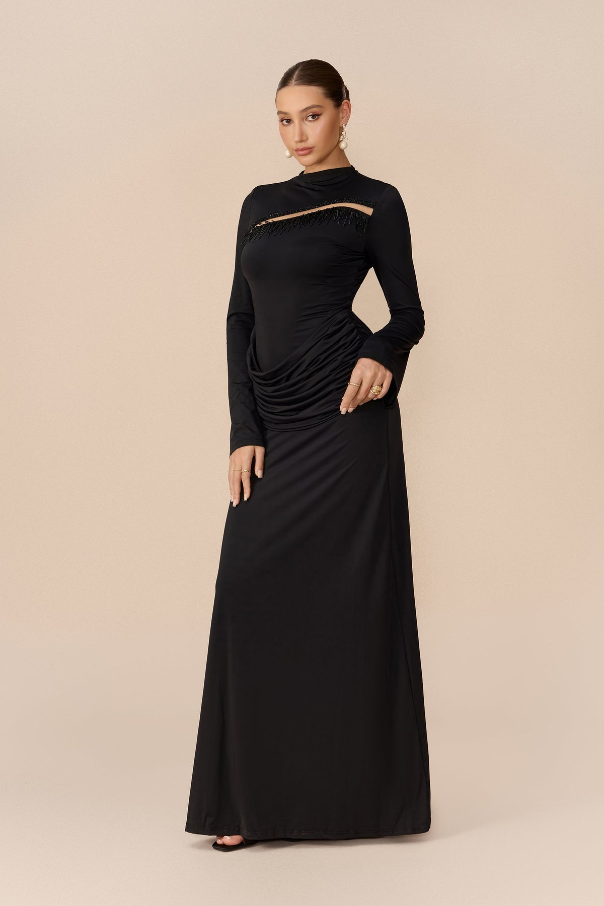 Black Beaded Fringe Mesh Cutout High-Neck Long-Sleeve Maxi Dress