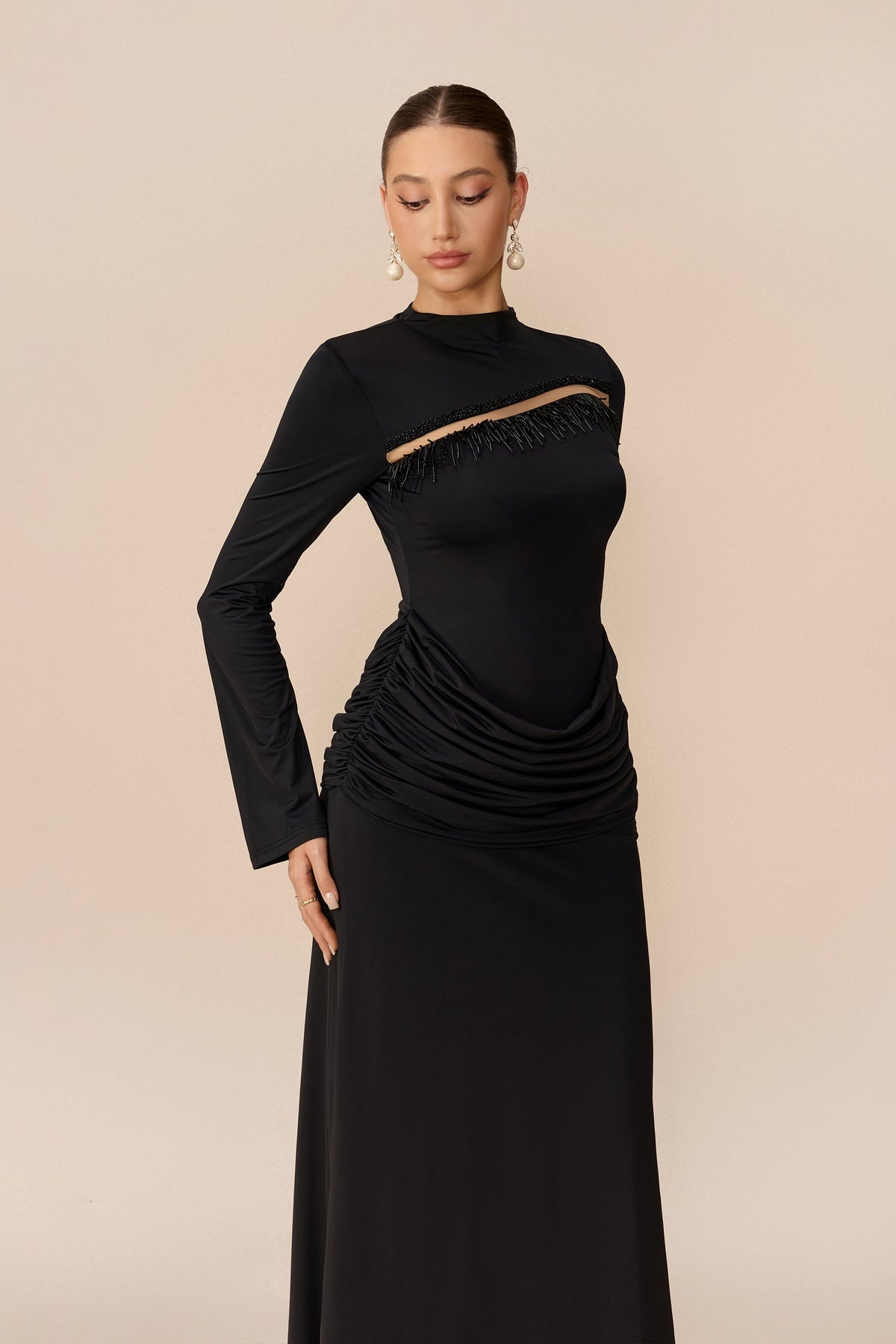 Black Beaded Fringe Mesh Cutout High-Neck Long-Sleeve Maxi Dress