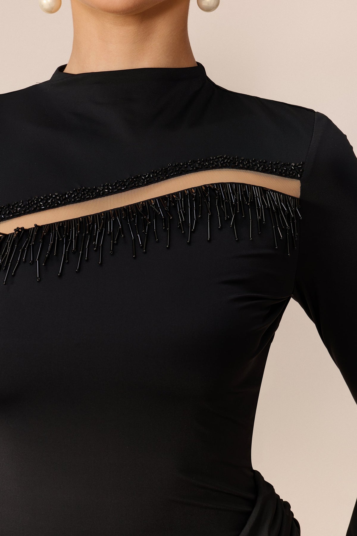 Black Beaded Fringe Mesh Cutout High-Neck Long-Sleeve Maxi Dress