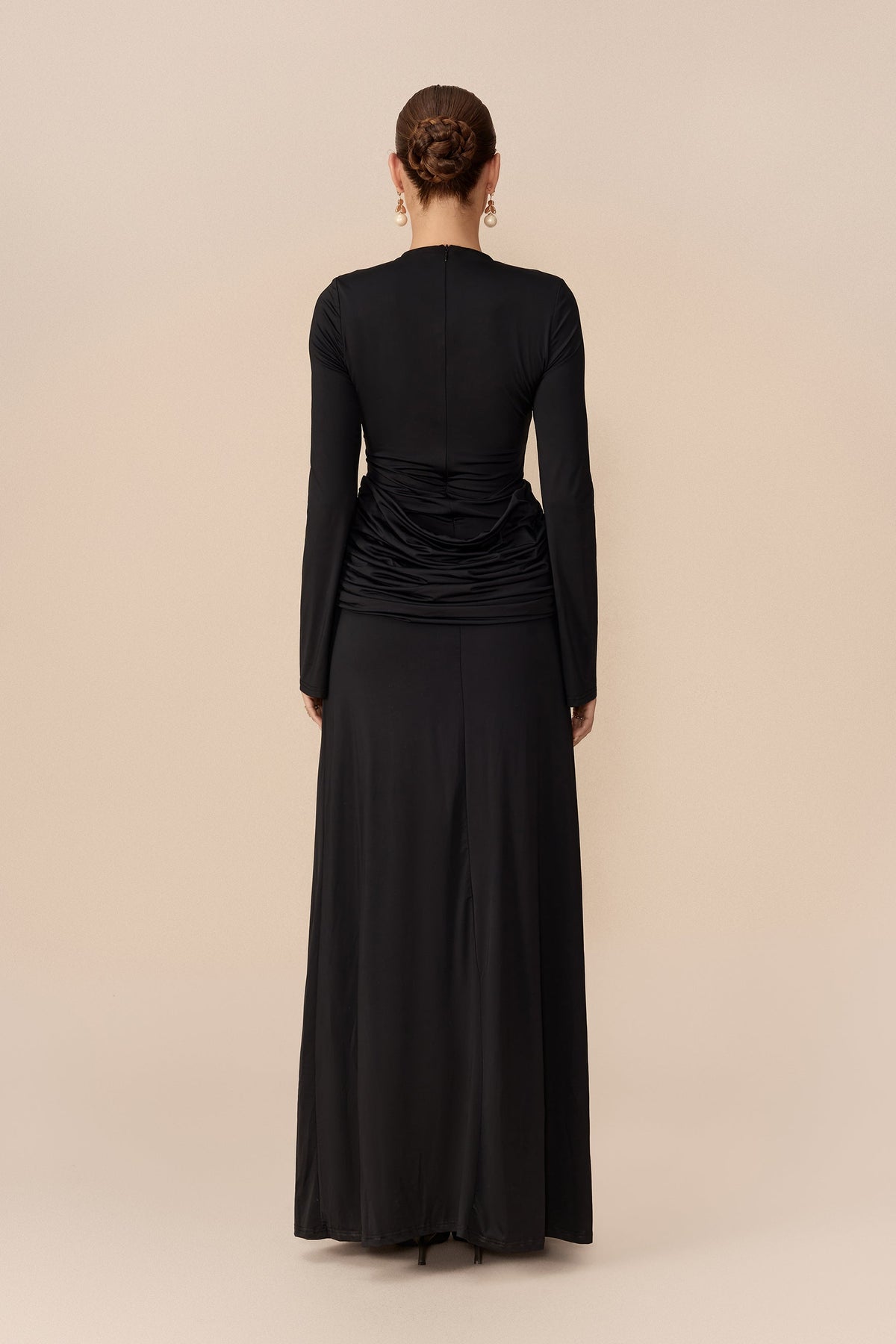 Black Beaded Fringe Mesh Cutout High-Neck Long-Sleeve Maxi Dress