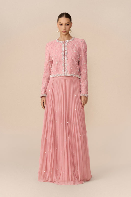 Embellished Pearl-Accented Cropped Jacket & Pleated Maxi Skirt Set