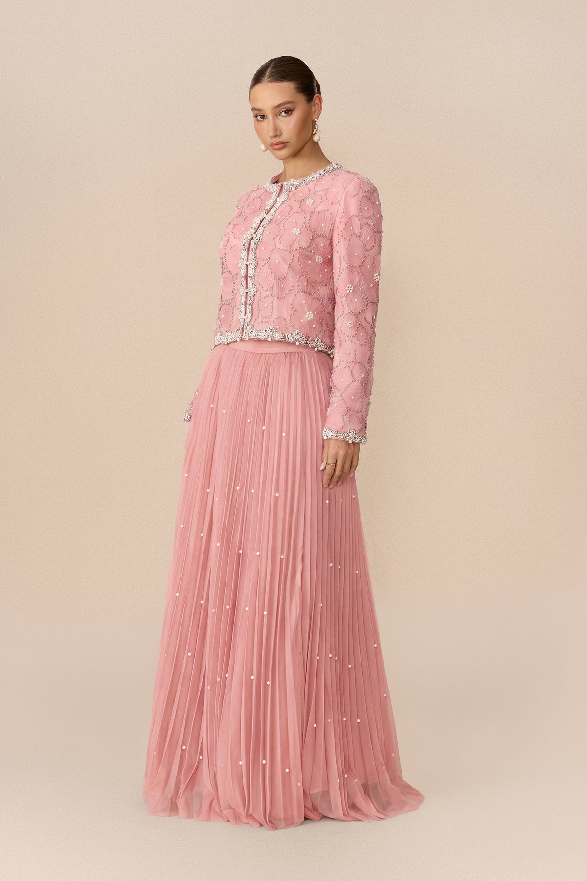 Embellished Pearl-Accented Cropped Jacket & Pleated Maxi Skirt Set
