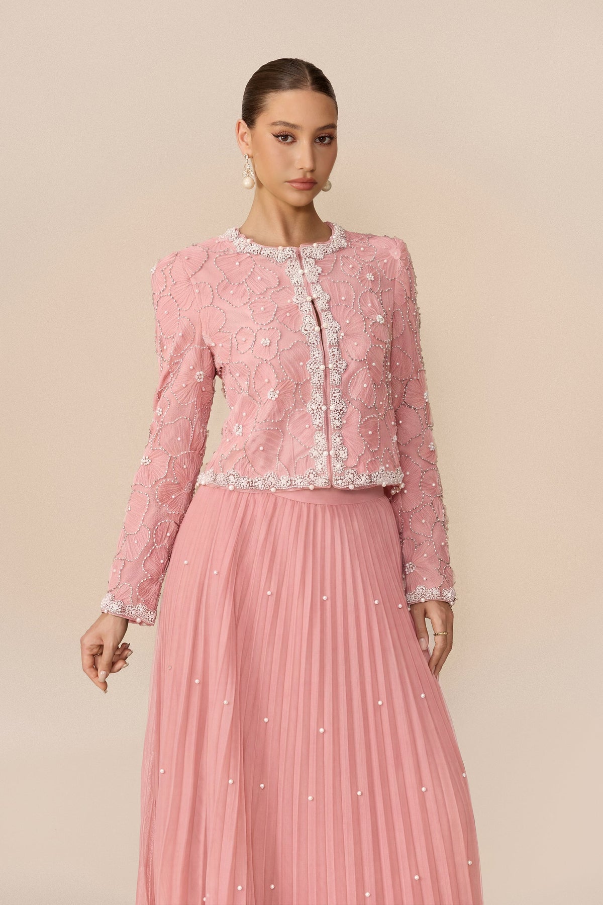 Embellished Pearl-Accented Cropped Jacket & Pleated Maxi Skirt Set