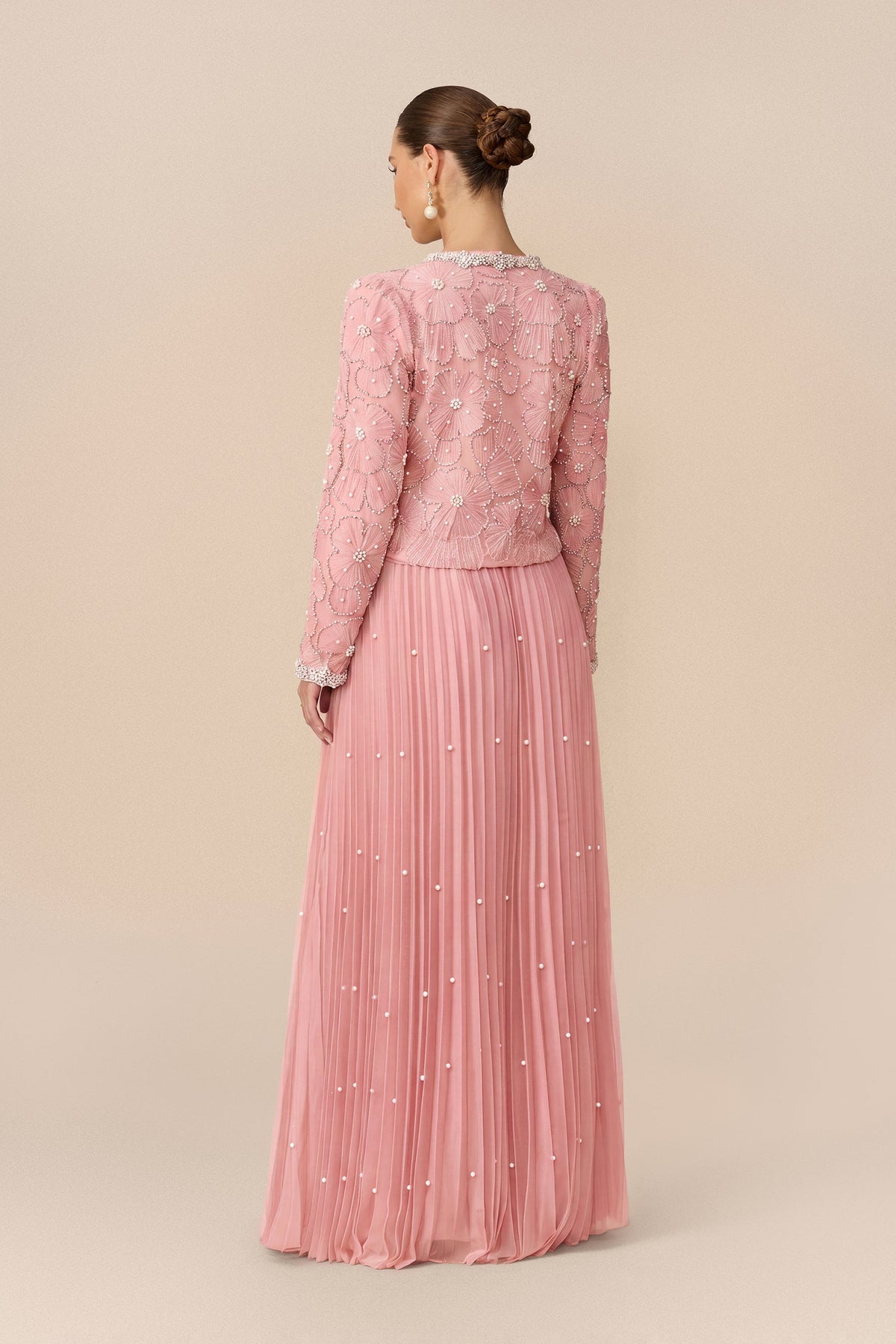 Embellished Pearl-Accented Cropped Jacket & Pleated Maxi Skirt Set