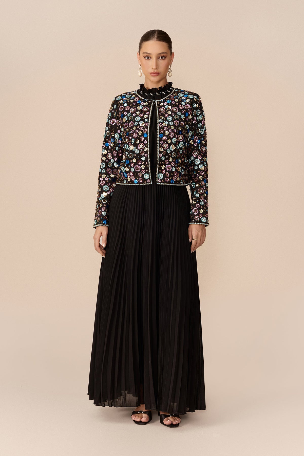 Black Multicolor Stone Embellished Cropped Jacket & Pleated Maxi Dress Set