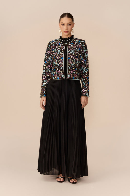 Black Multicolor Stone Embellished Cropped Jacket & Pleated Maxi Dress Set