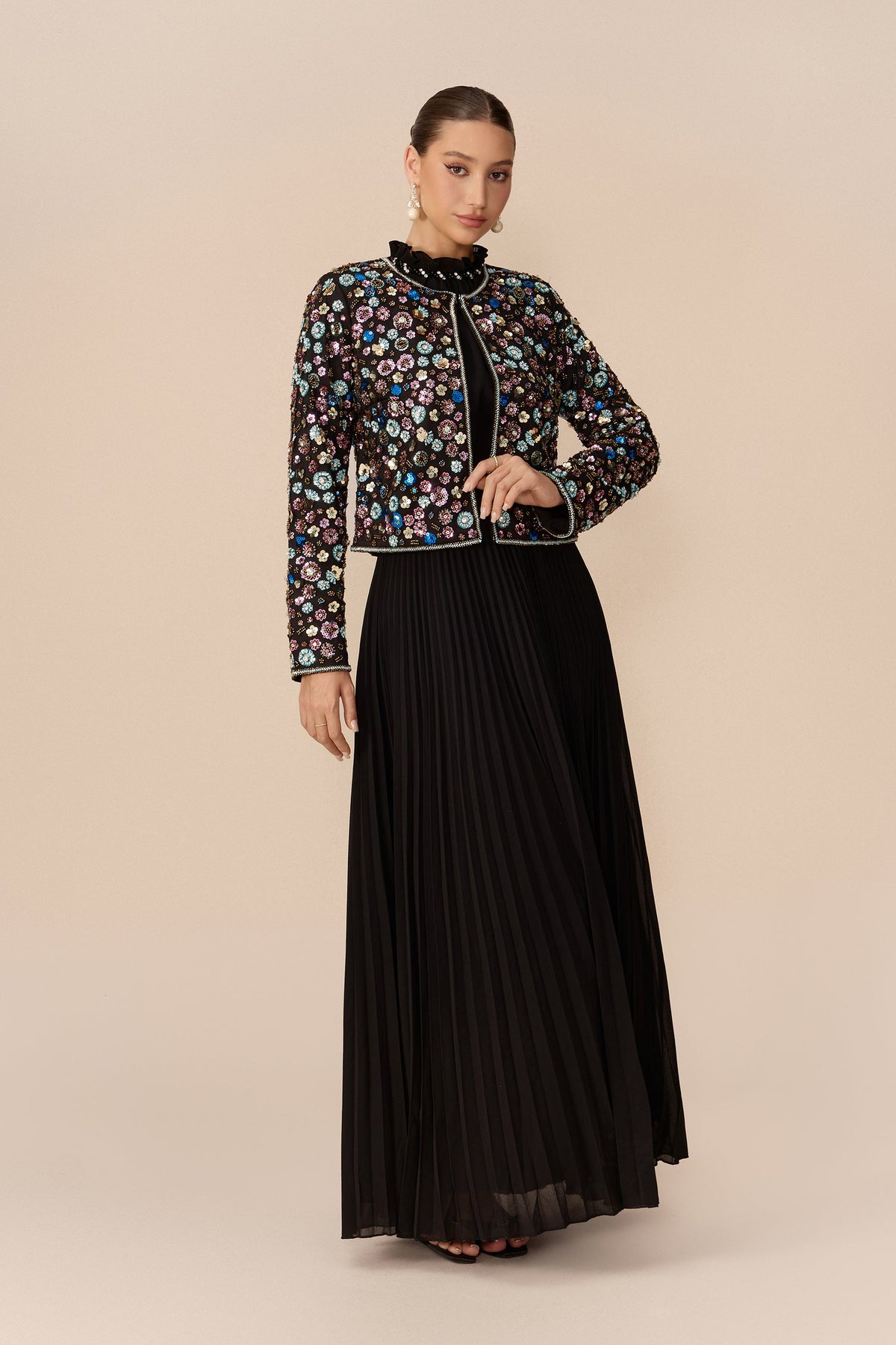 Black Multicolor Stone Embellished Cropped Jacket & Pleated Maxi Dress Set