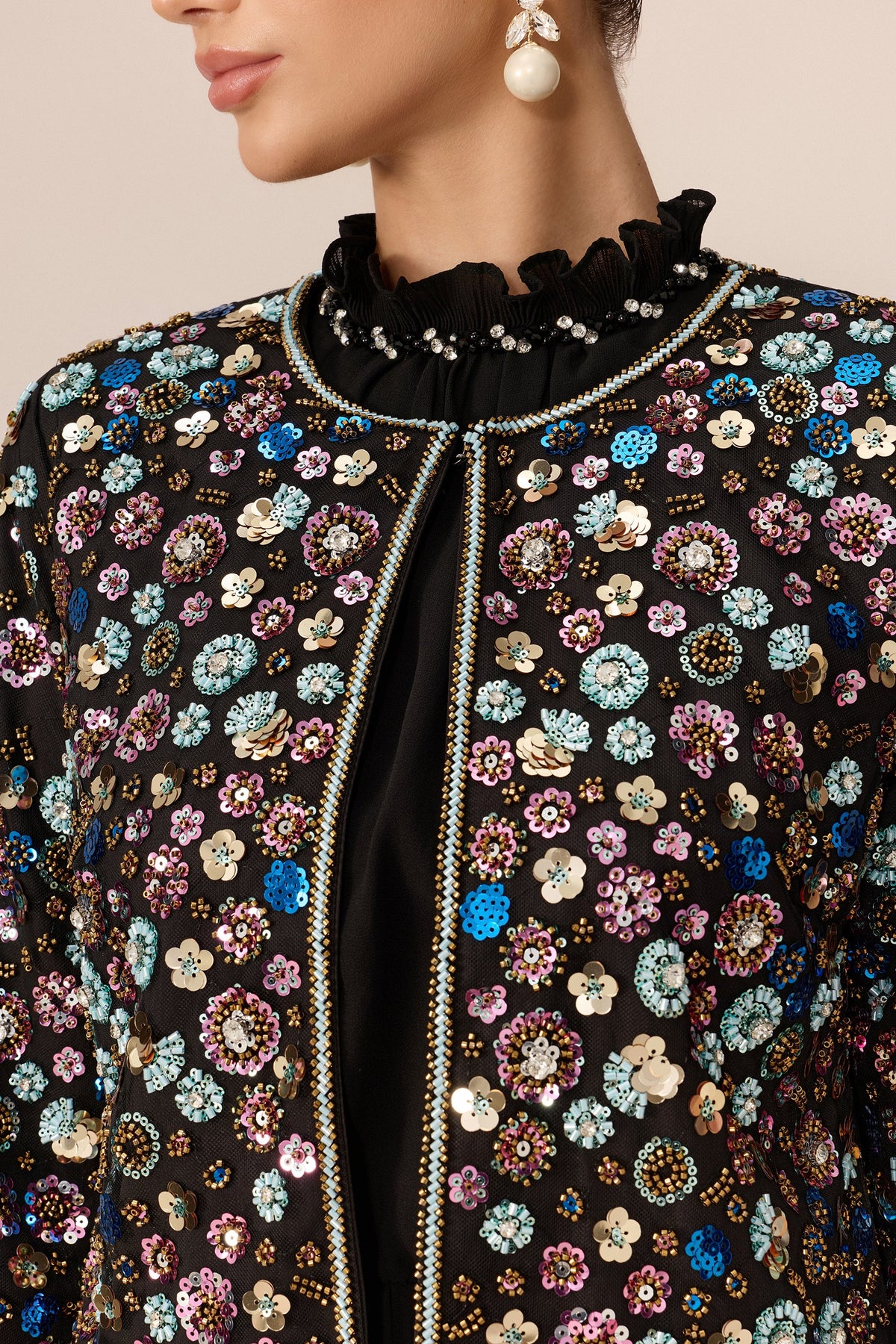 Black Multicolor Stone Embellished Cropped Jacket & Pleated Maxi Dress Set