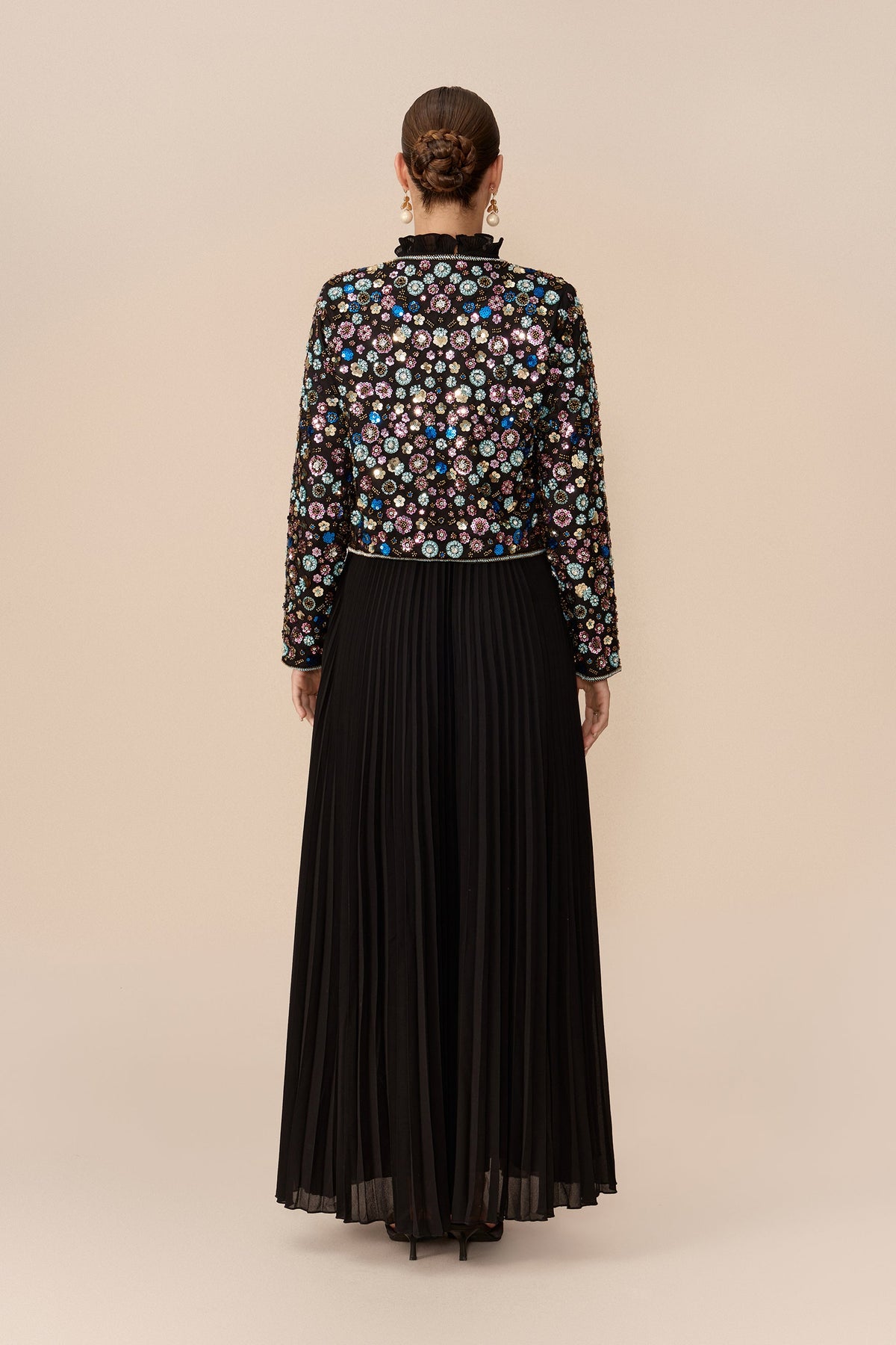 Black Multicolor Stone Embellished Cropped Jacket & Pleated Maxi Dress Set