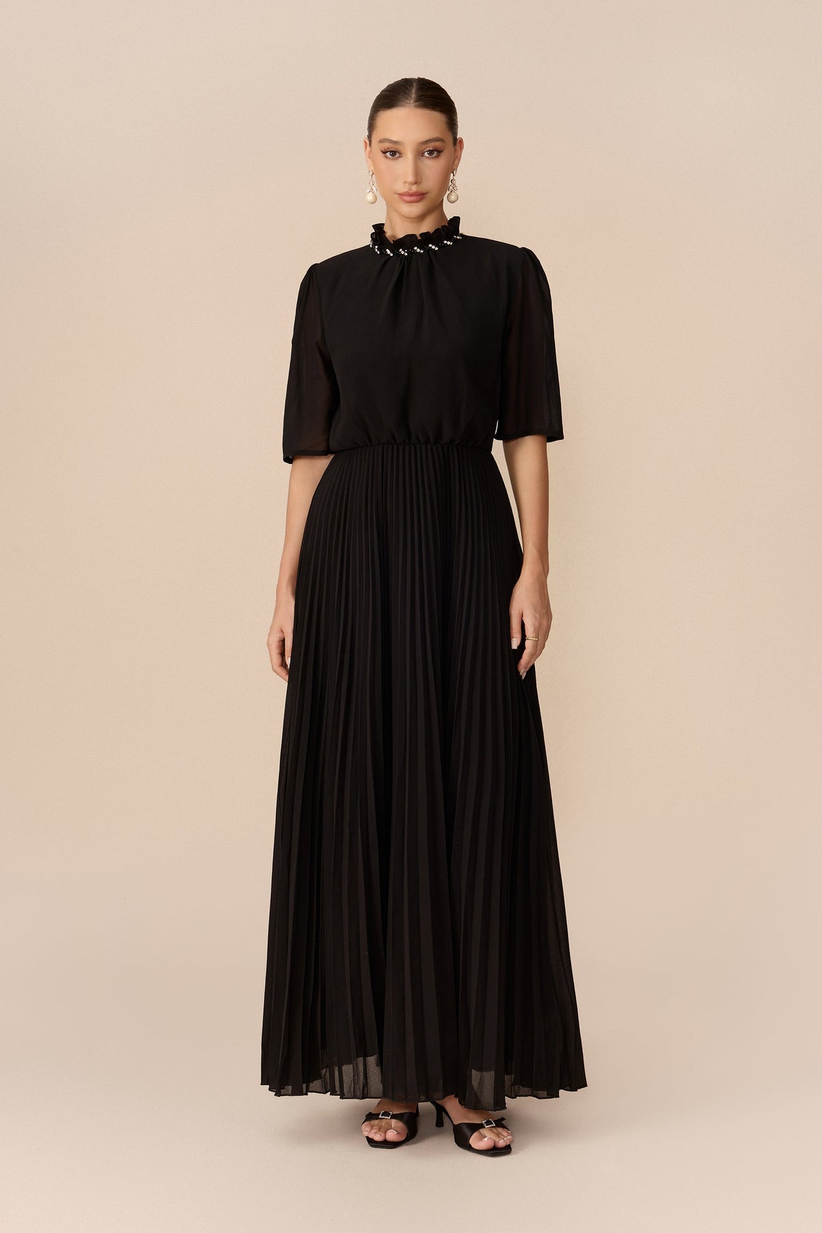 Black Multicolor Stone Embellished Cropped Jacket & Pleated Maxi Dress Set