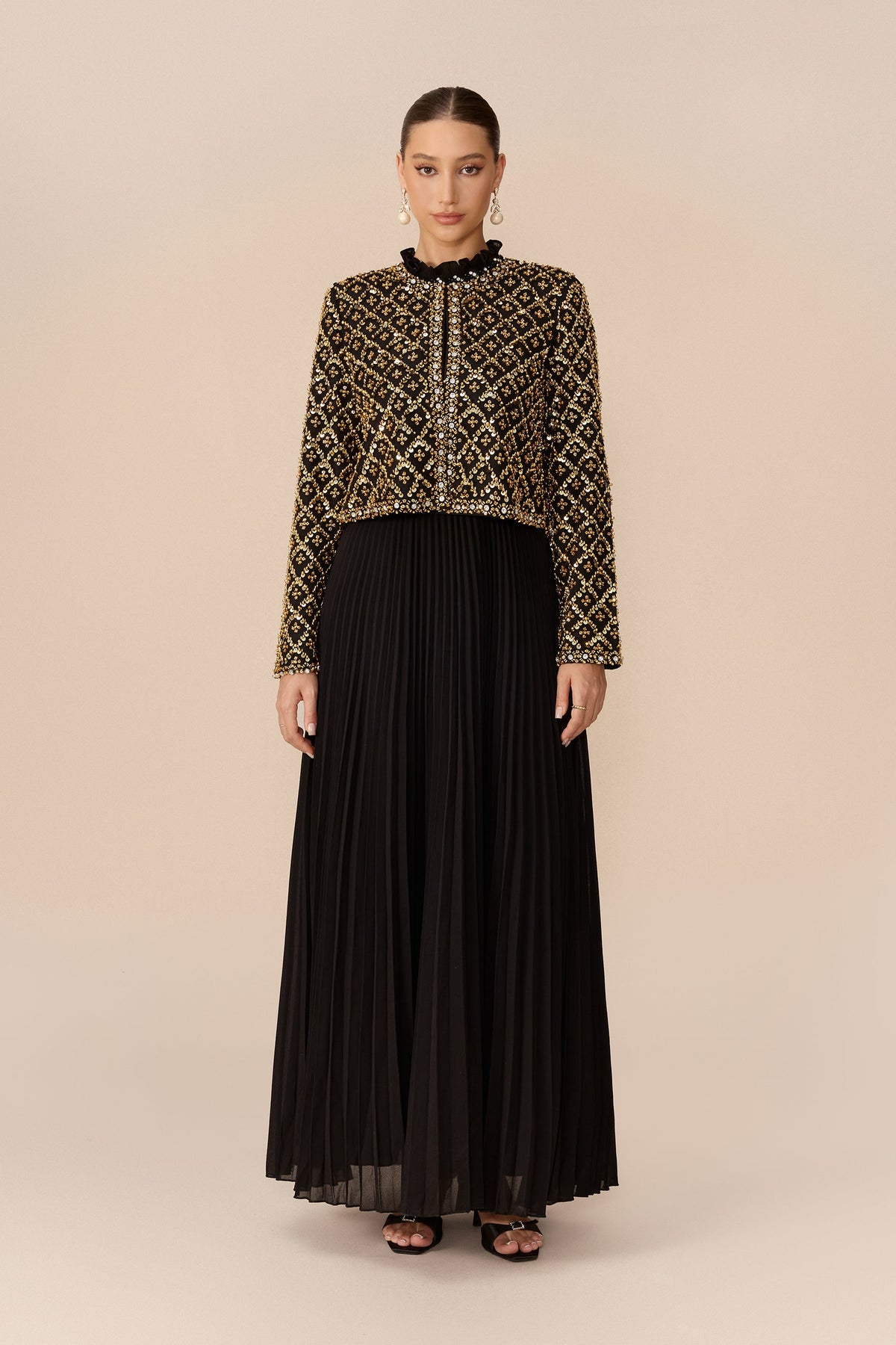 Black Gold Beaded Geometric Lattice Ruffle Collar Cropped Jacket & Pleated Maxi Dress Set