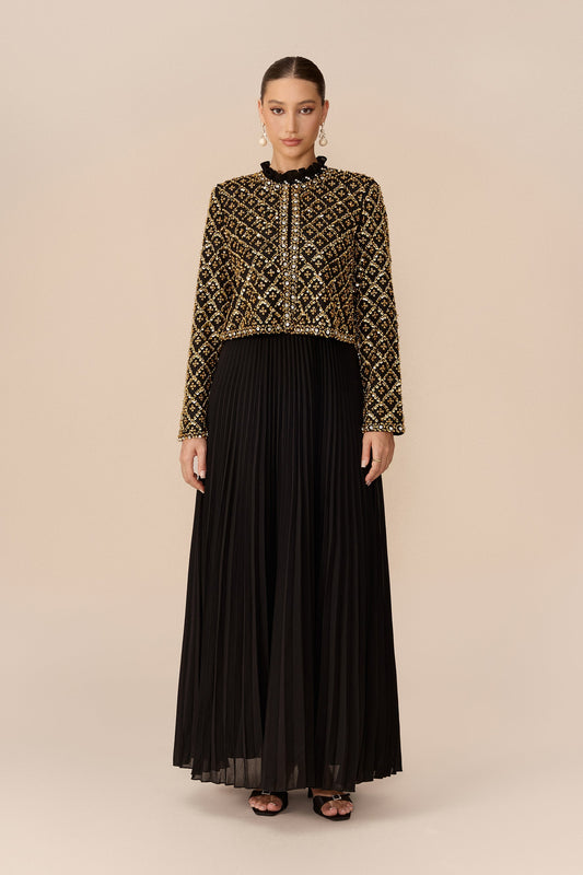 Black Gold Beaded Geometric Lattice Ruffle Collar Cropped Jacket & Pleated Maxi Dress Set