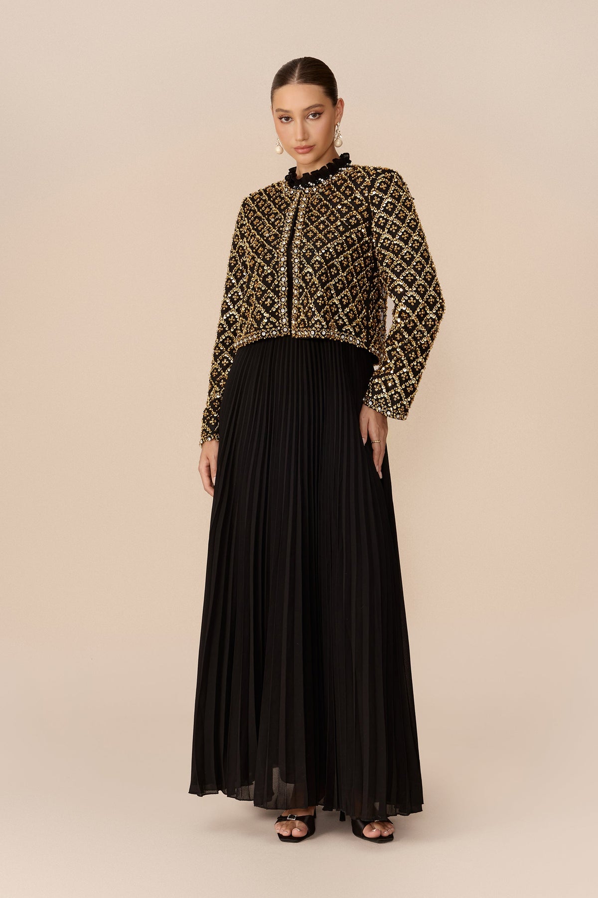 Black Gold Beaded Geometric Lattice Ruffle Collar Cropped Jacket & Pleated Maxi Dress Set