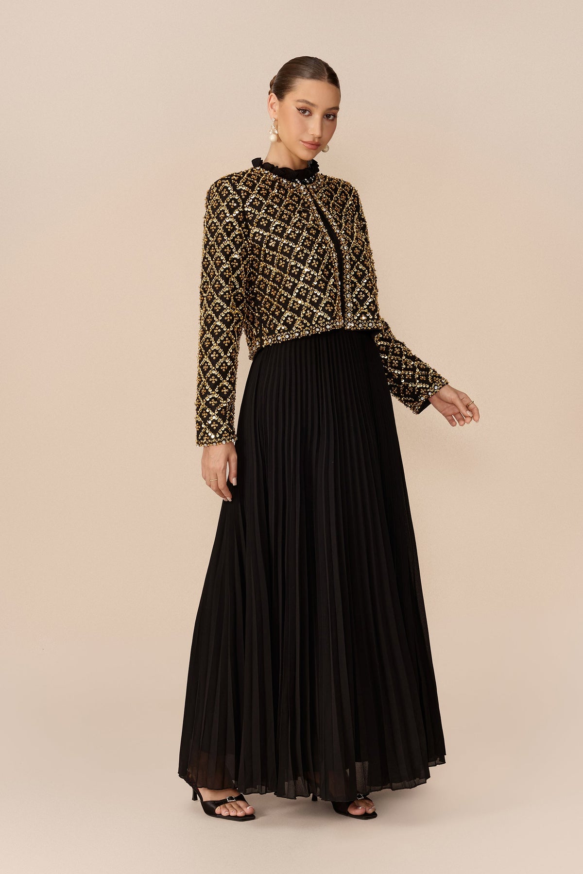 Black Gold Beaded Geometric Lattice Ruffle Collar Cropped Jacket & Pleated Maxi Dress Set