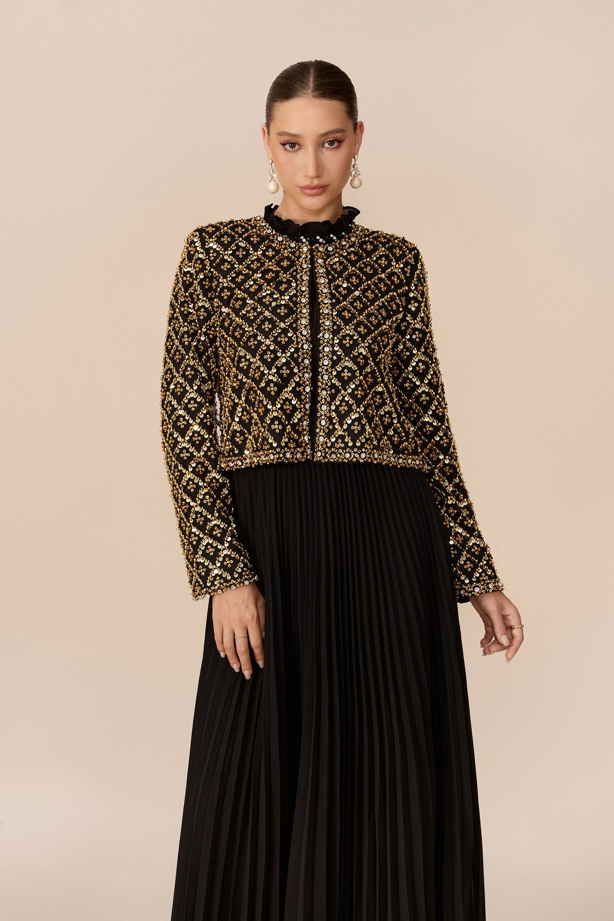 Black Gold Beaded Geometric Lattice Ruffle Collar Cropped Jacket & Pleated Maxi Dress Set