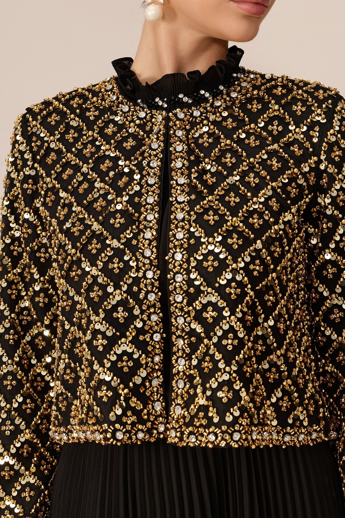 Black Gold Beaded Geometric Lattice Ruffle Collar Cropped Jacket & Pleated Maxi Dress Set