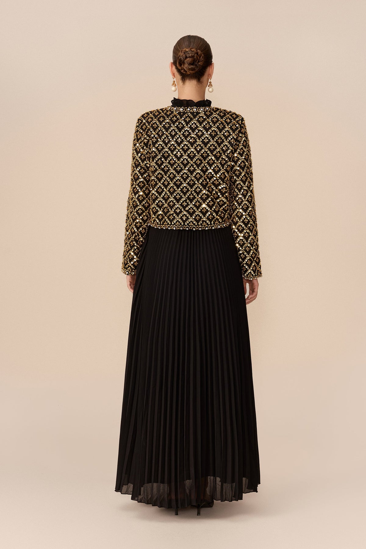 Black Gold Beaded Geometric Lattice Ruffle Collar Cropped Jacket & Pleated Maxi Dress Set