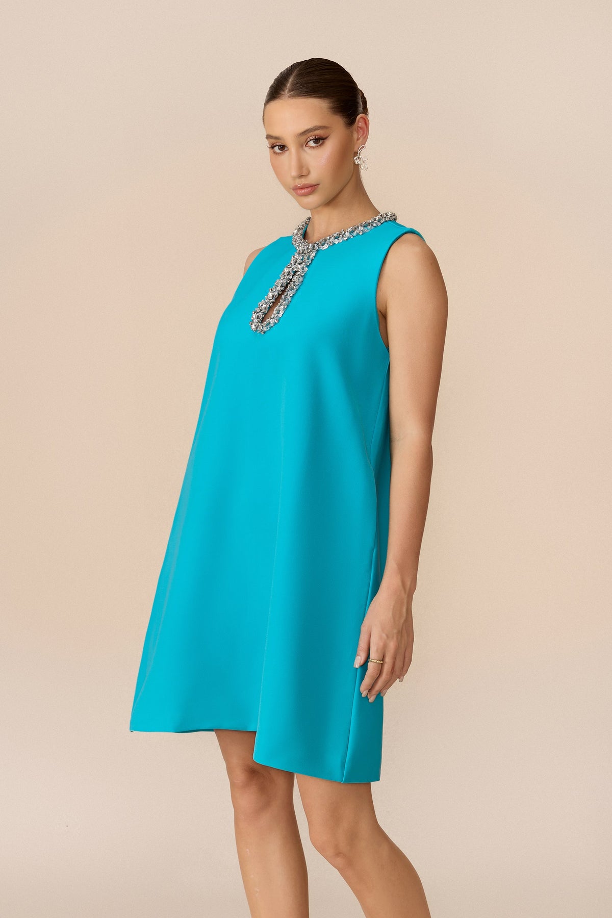 Mint Rhinestone Keyhole Sleeveless Mini Dress