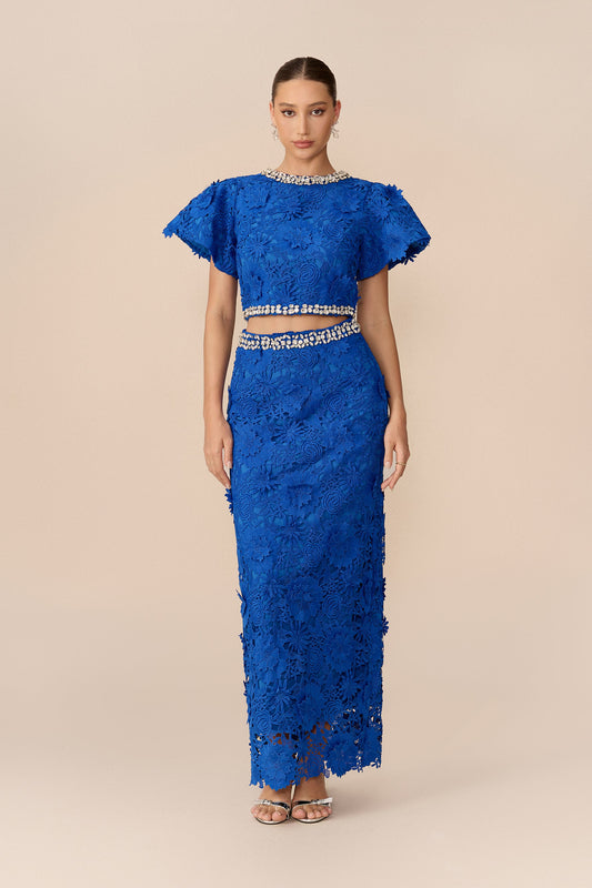 Blue 3D Floral Lace Rhinestone Trim Puff-Sleeve Cropped Top & Midi Skirt Set
