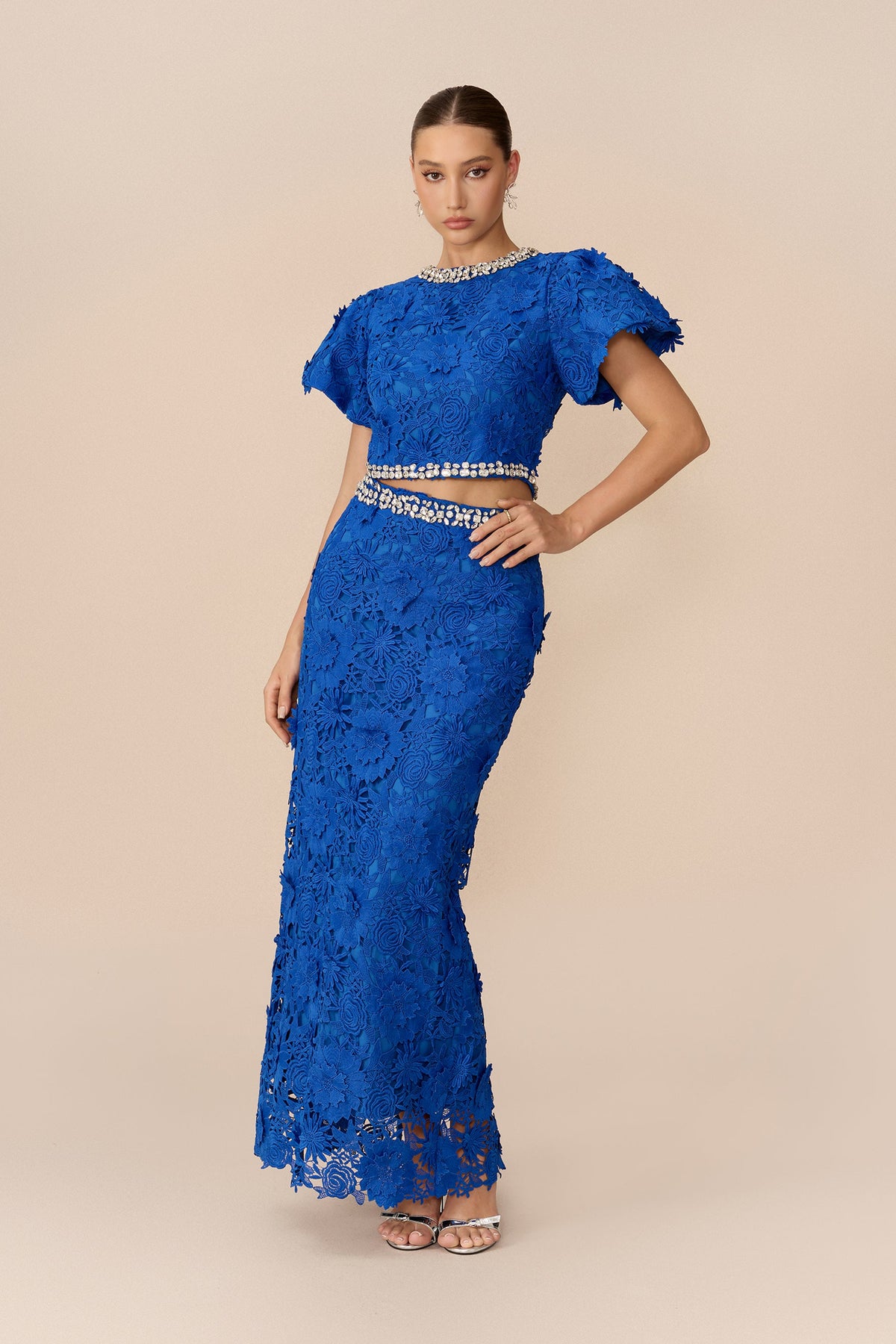 Blue 3D Floral Lace Rhinestone Trim Puff-Sleeve Cropped Top & Midi Skirt Set