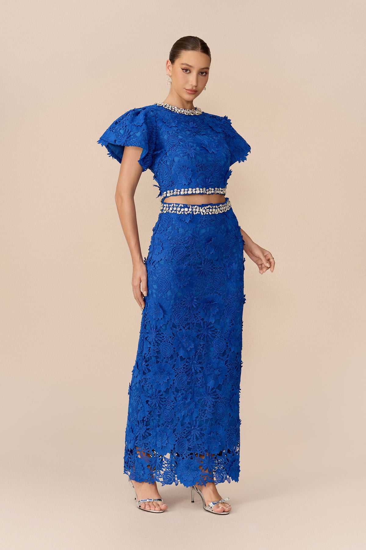 Blue 3D Floral Lace Rhinestone Trim Puff-Sleeve Cropped Top & Midi Skirt Set