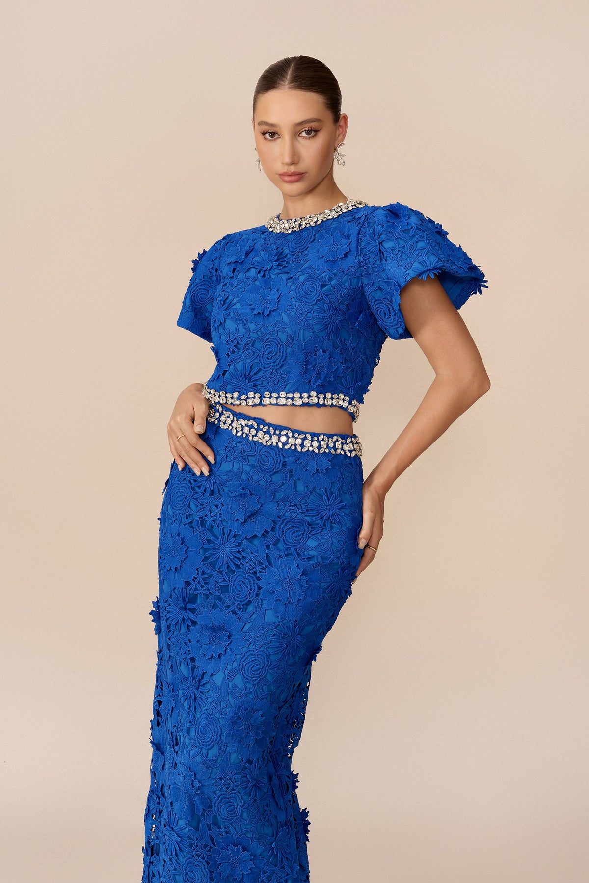 Blue 3D Floral Lace Rhinestone Trim Puff-Sleeve Cropped Top & Midi Skirt Set