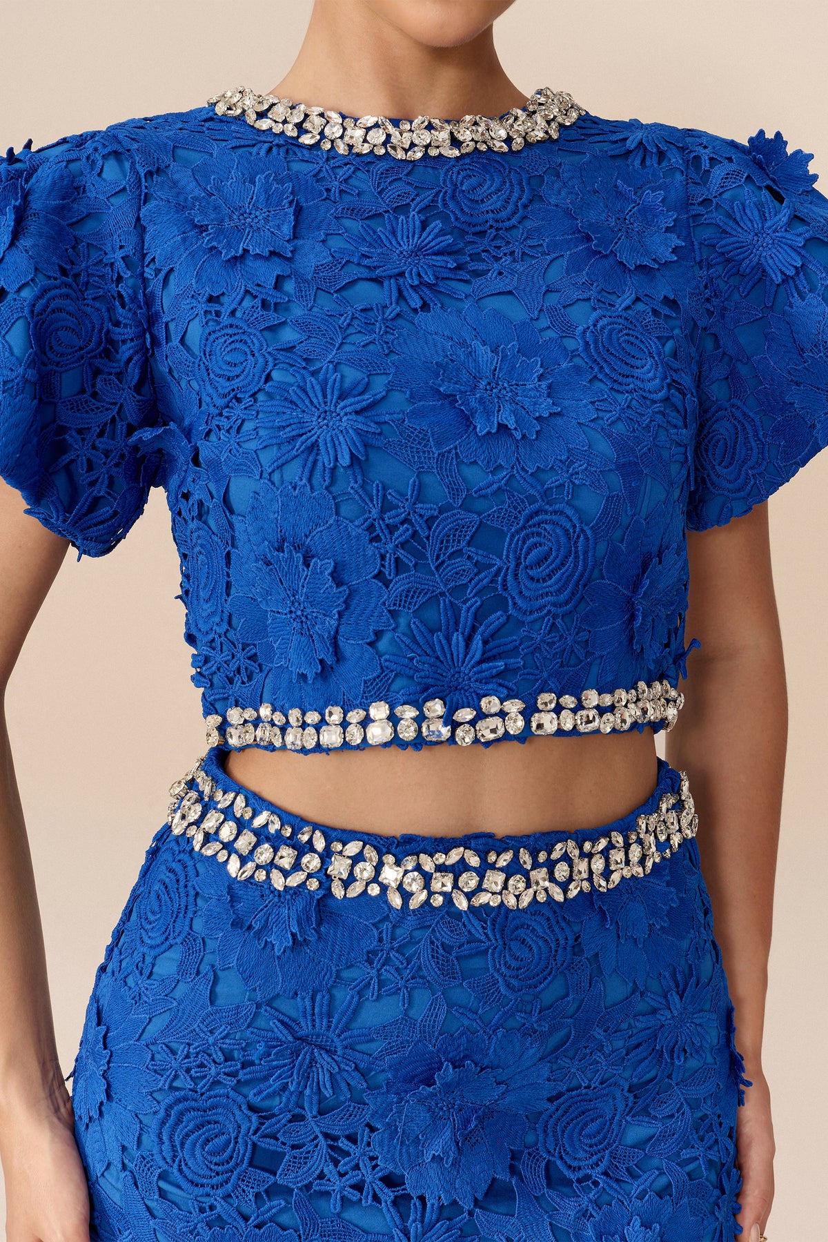 Blue 3D Floral Lace Rhinestone Trim Puff-Sleeve Cropped Top & Midi Skirt Set