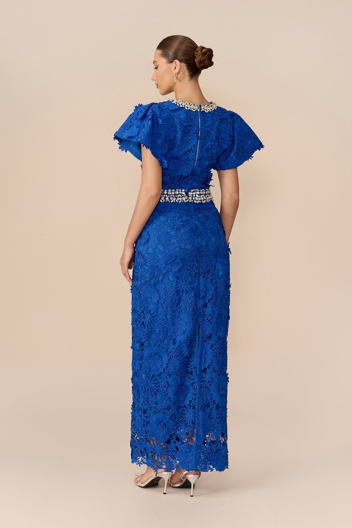 Blue 3D Floral Lace Rhinestone Trim Puff-Sleeve Cropped Top & Midi Skirt Set