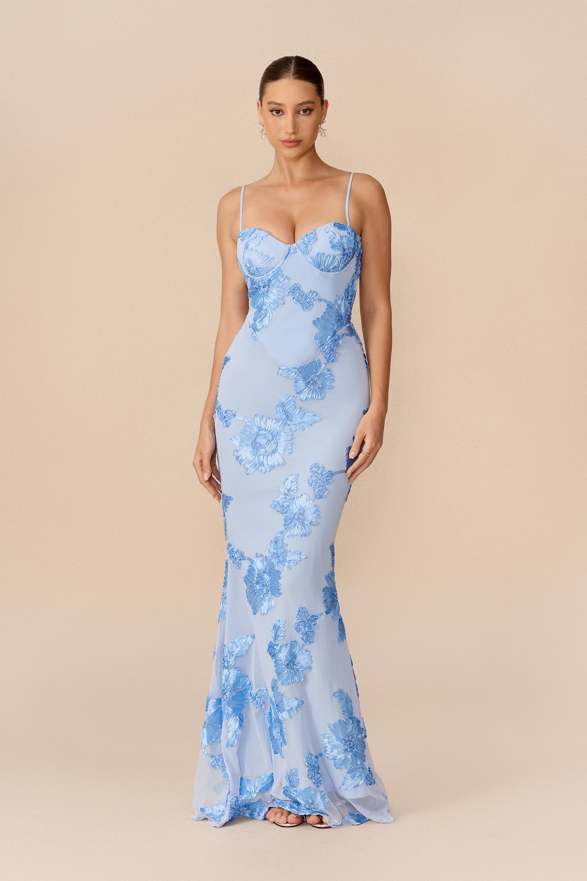 Blue Floral Embroidered Mesh Mermaid Maxi Dress
