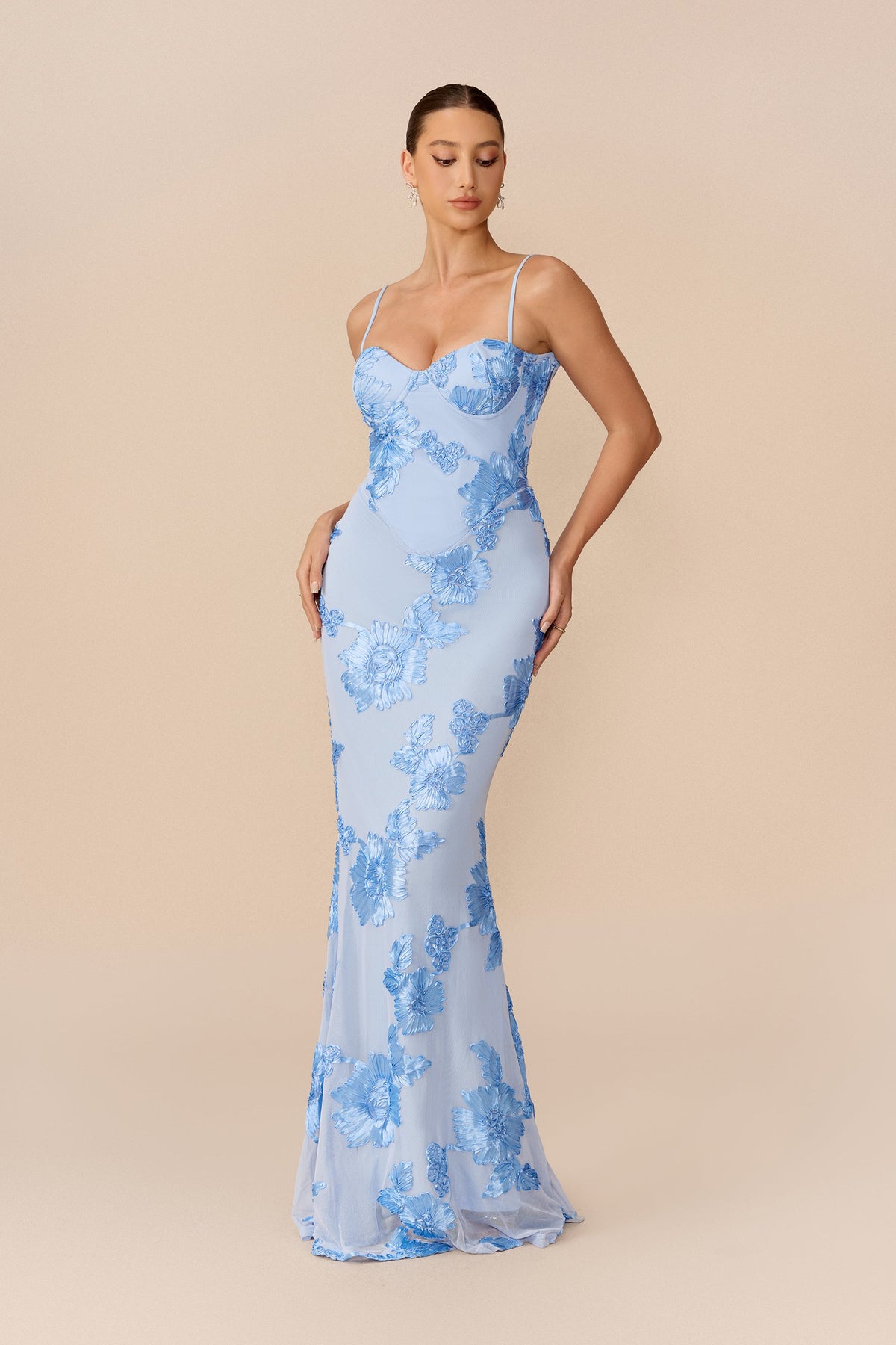 Blue Floral Embroidered Mesh Mermaid Maxi Dress
