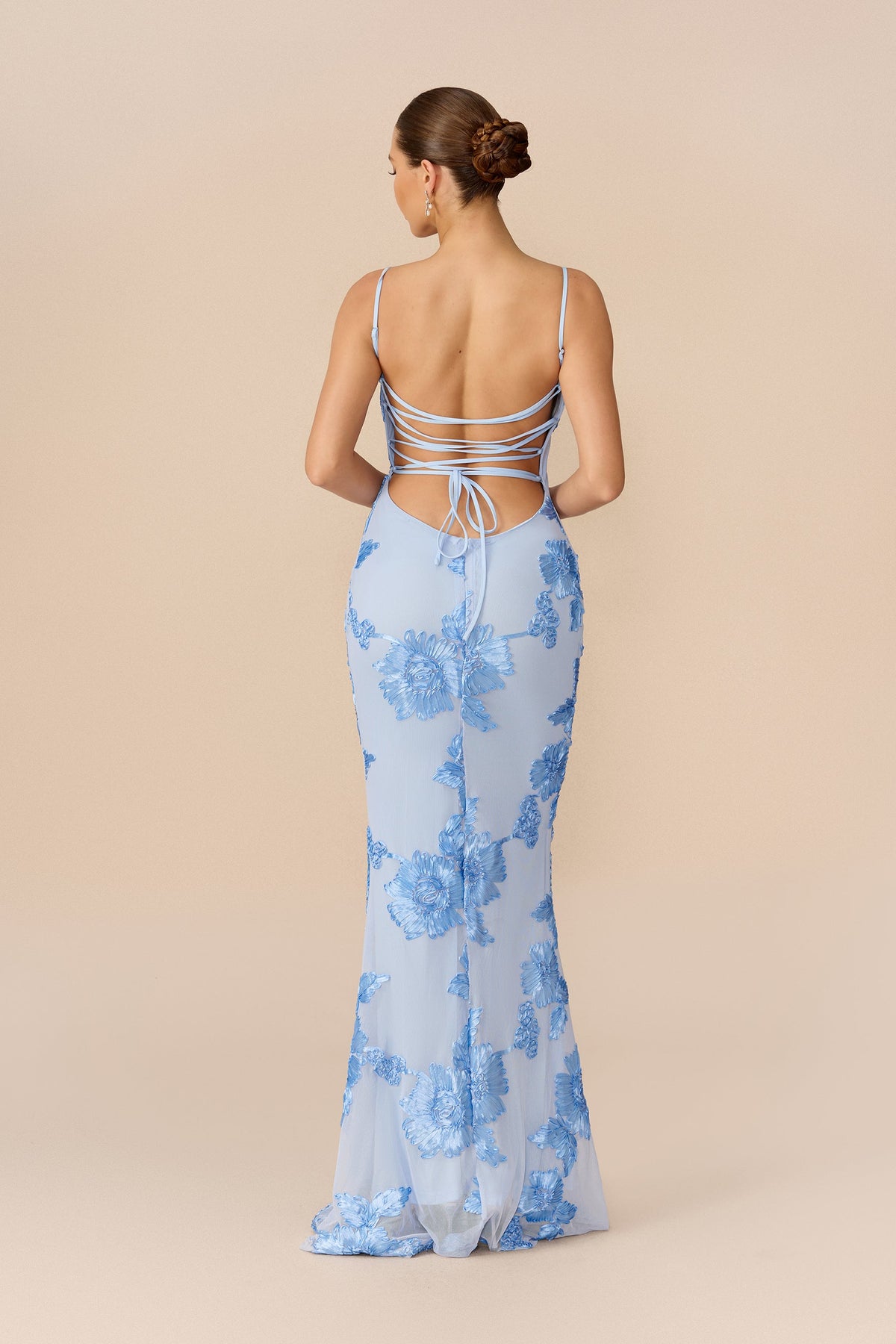 Blue Floral Embroidered Mesh Mermaid Maxi Dress