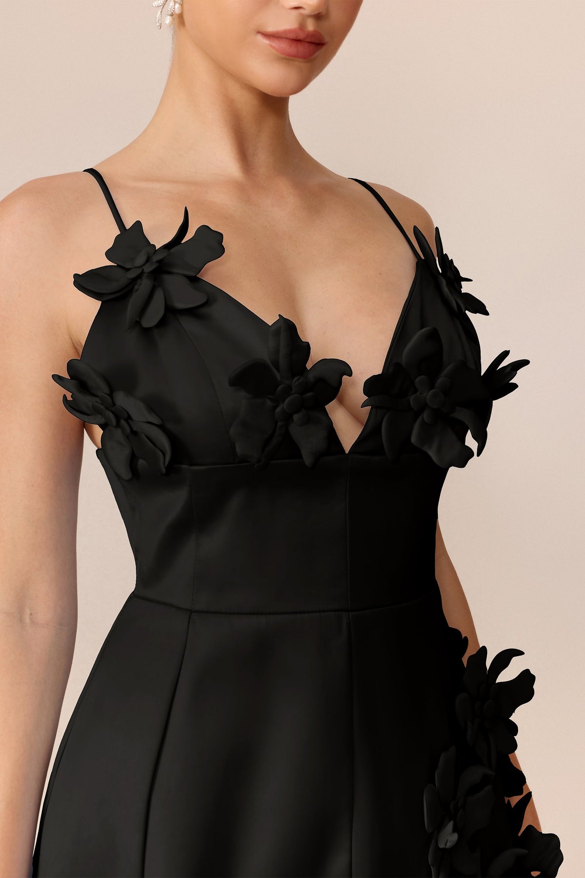 Black Satin 3D Floral Applique Spaghetti Strap V-Neck Mini Dress
