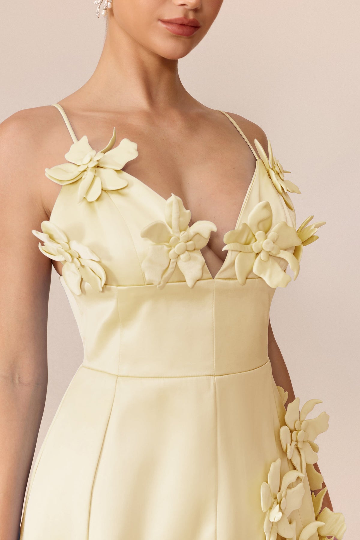 Beige Satin 3D Floral Applique Spaghetti Strap Deep V-Neck Mini Dress