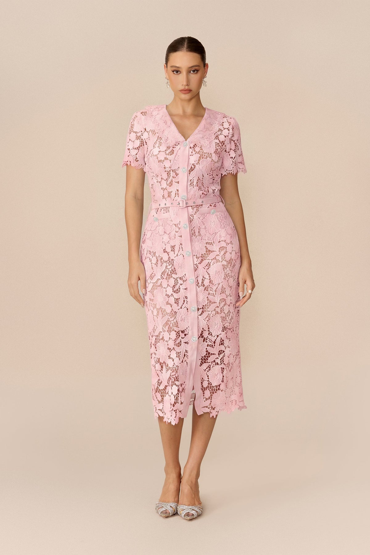 Pink Floral Lace Belted Short-Sleeve Midi Dress