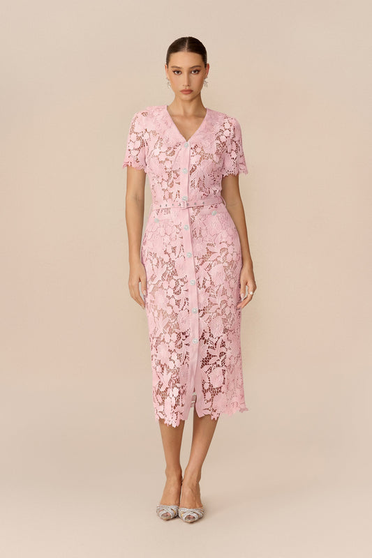 Pink Floral Lace Belted Short-Sleeve Midi Dress