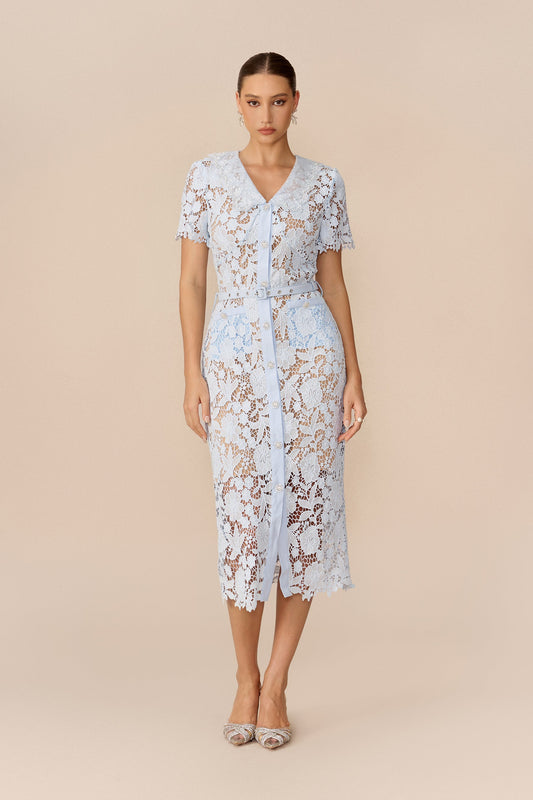 Blue Floral Lace Belted Short-Sleeve Midi Dress