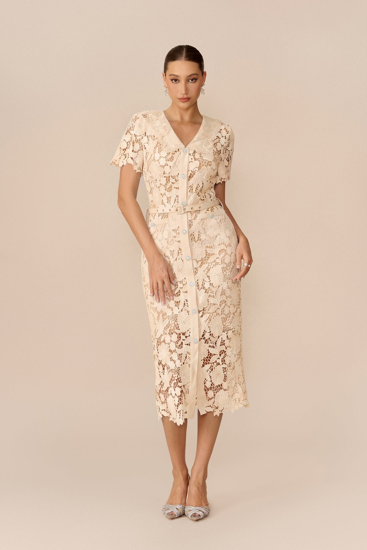 Floral Lace Belted Short-Sleeve Midi Dress