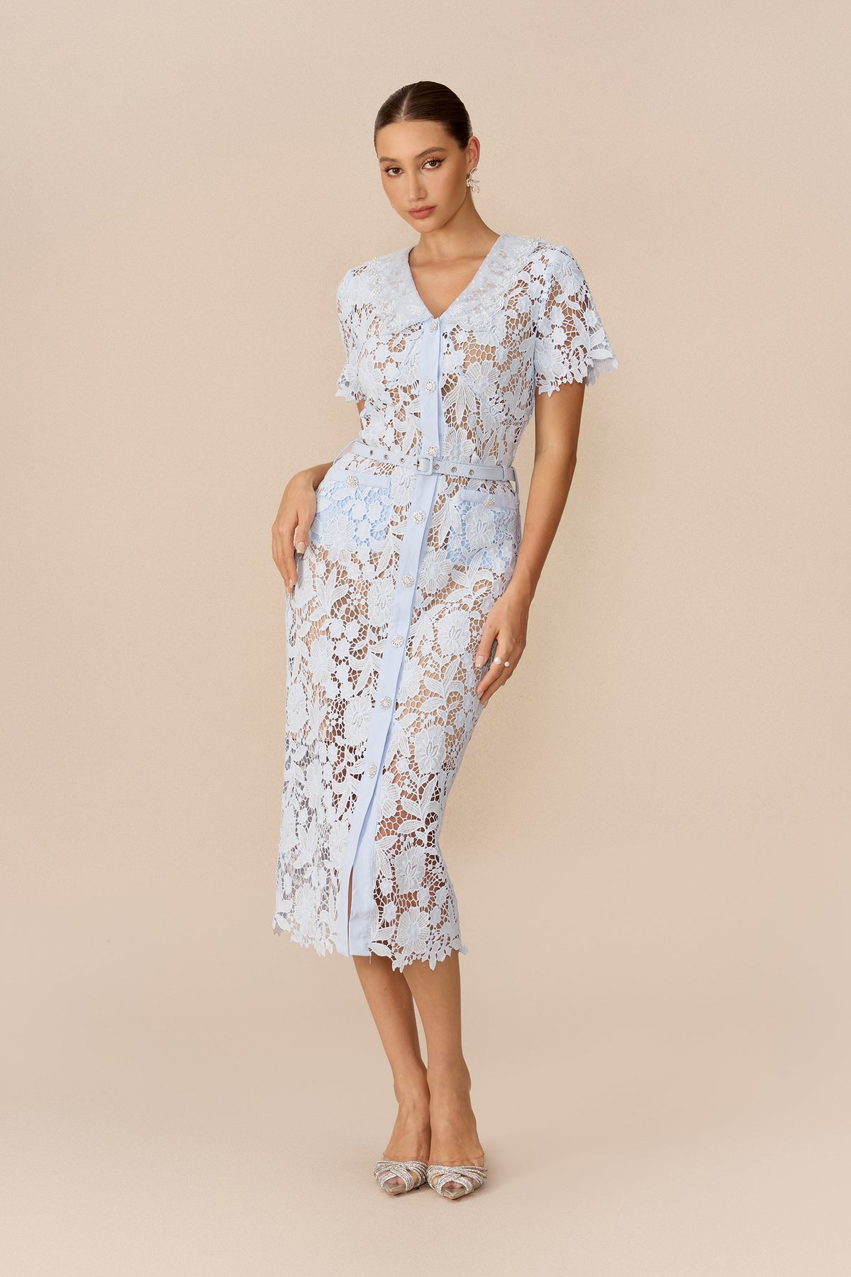 Blue Floral Lace Belted Short-Sleeve Midi Dress