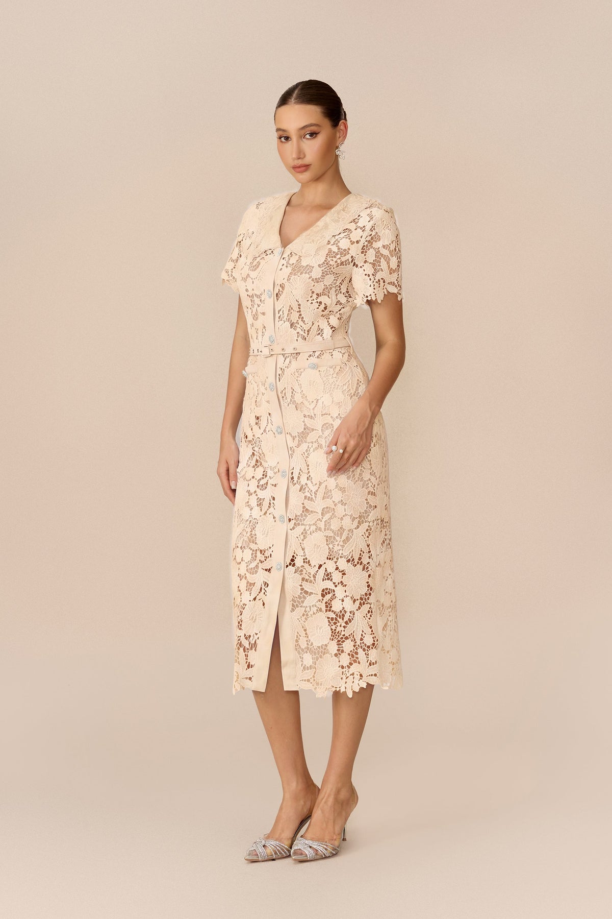 Floral Lace Belted Short-Sleeve Midi Dress