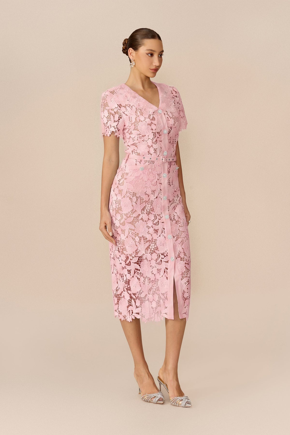 Pink Floral Lace Belted Short-Sleeve Midi Dress