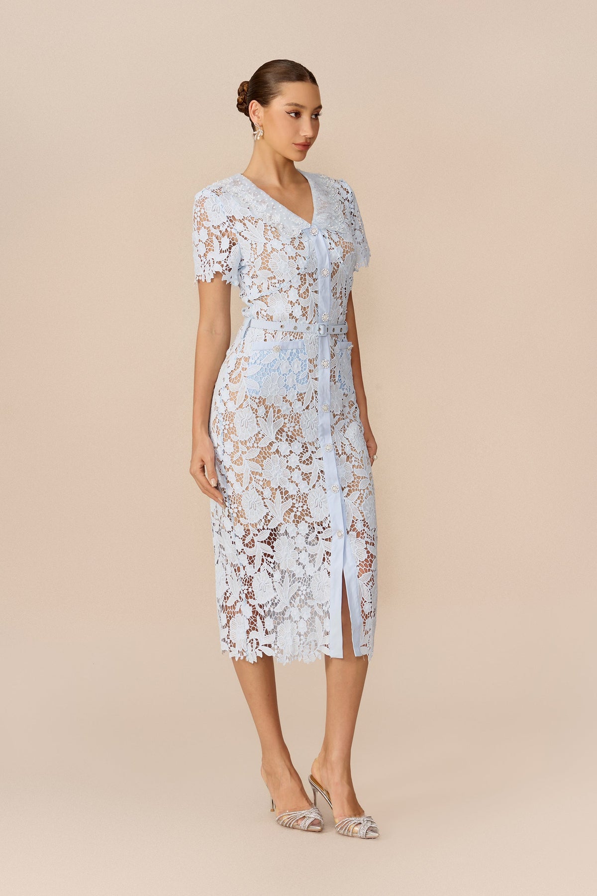 Blue Floral Lace Belted Short-Sleeve Midi Dress
