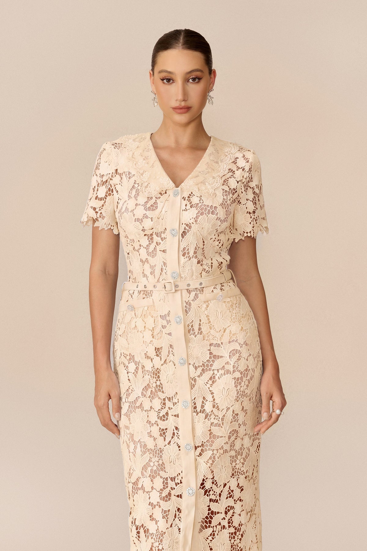 Floral Lace Belted Short-Sleeve Midi Dress