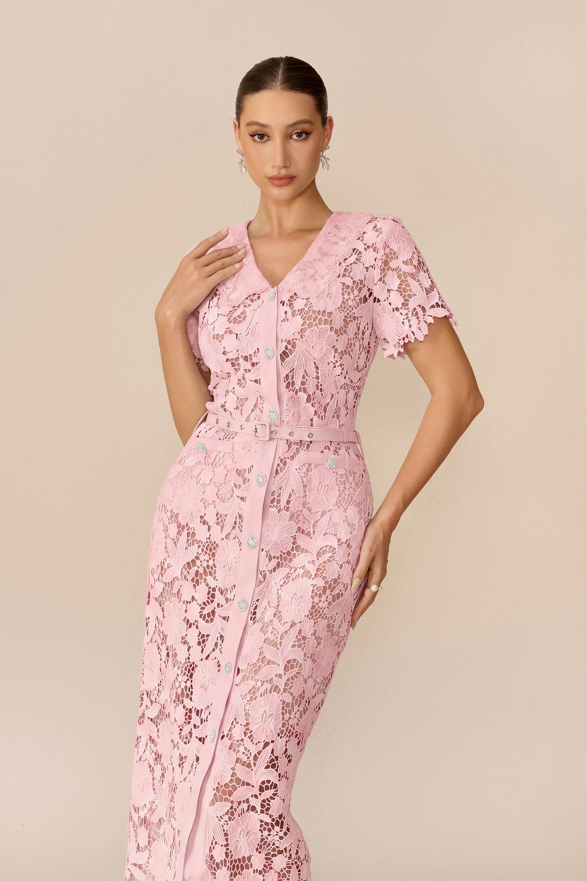 Pink Floral Lace Belted Short-Sleeve Midi Dress