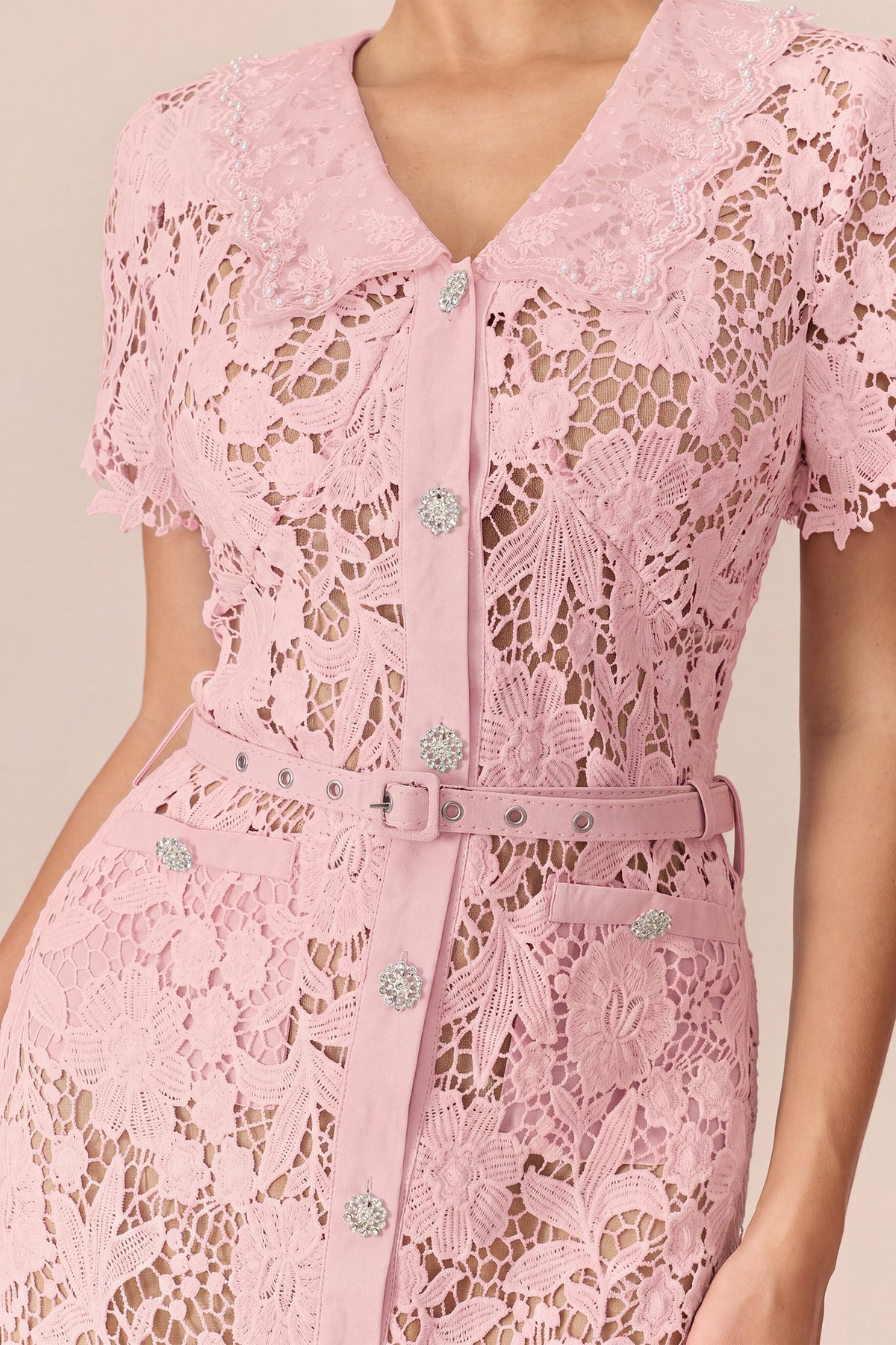 Pink Floral Lace Belted Short-Sleeve Midi Dress