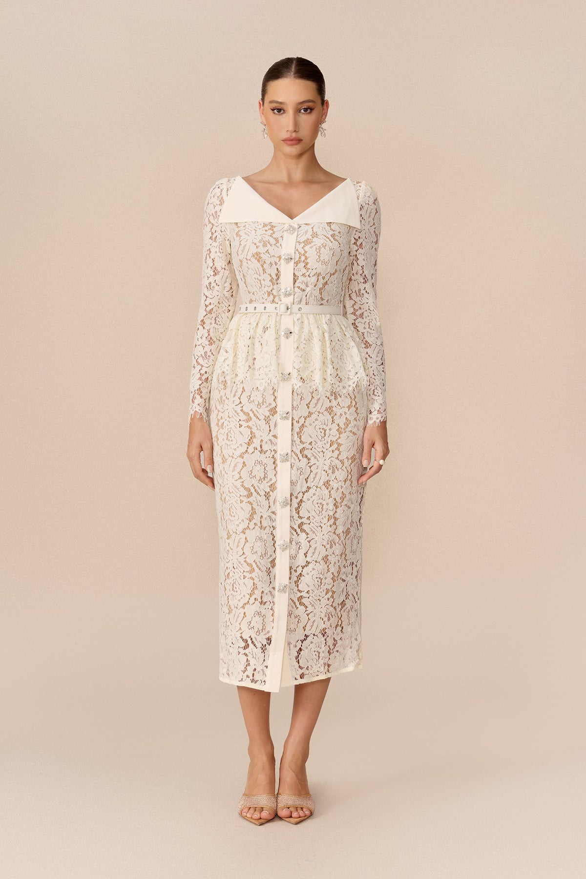 Beige Floral Lace Belted Lapel V Collar Wedding Guest Midi Dress