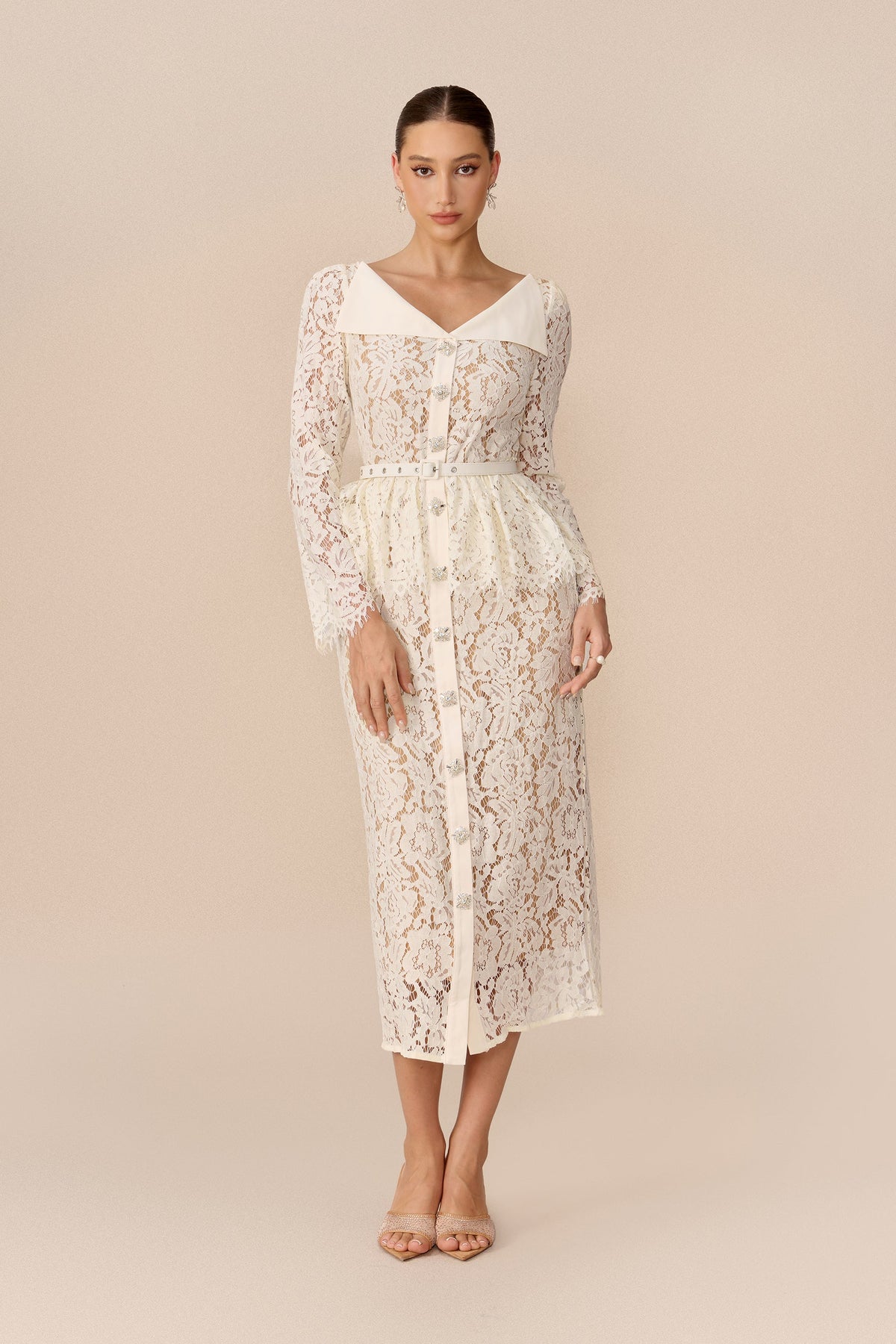 Beige Floral Lace Belted Lapel V Collar Wedding Guest Midi Dress