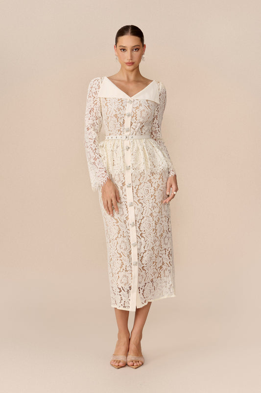 Beige Floral Lace Belted Lapel V Collar Wedding Guest Midi Dress