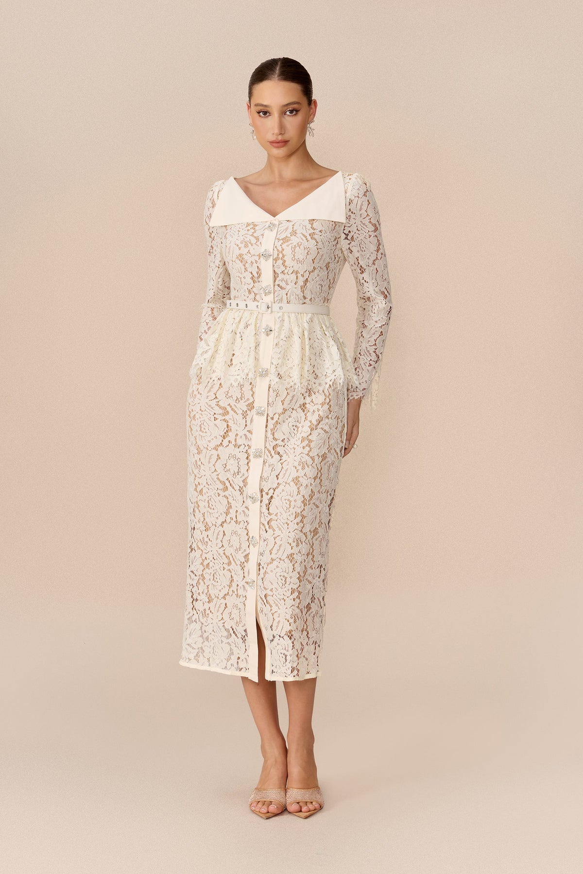 Beige Floral Lace Belted Lapel V Collar Wedding Guest Midi Dress
